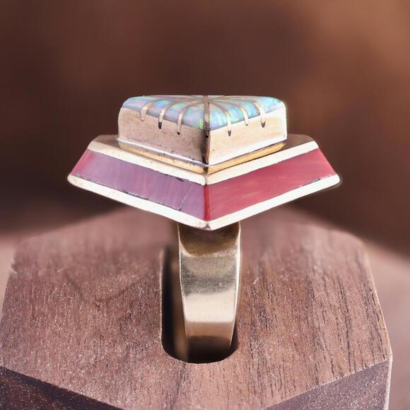 Vintage Larry Castillo Navajo Brass Coral Opal Inlay Brutalist SW Ring Size 9.25 - Picture 6 of 11